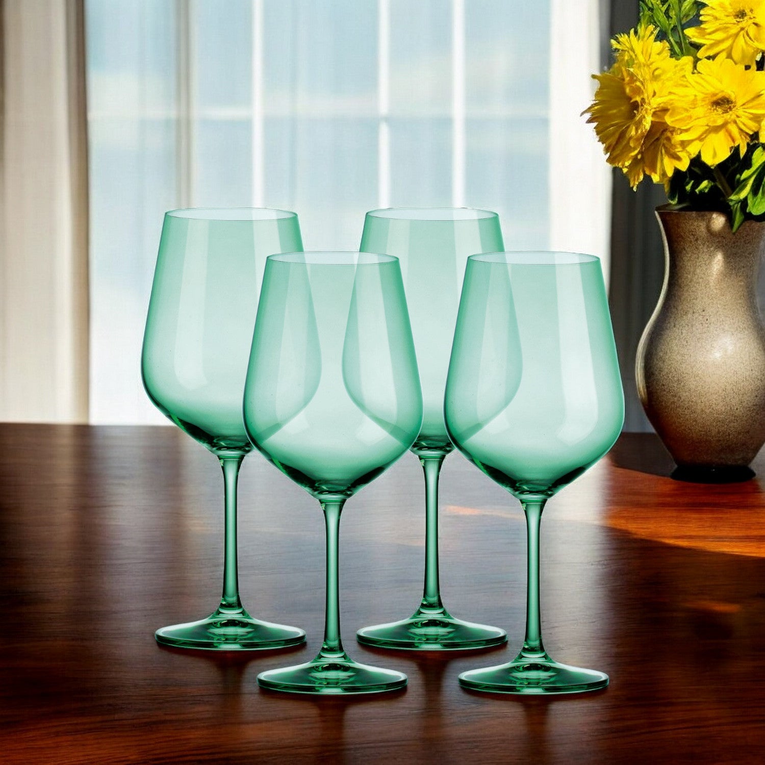 Set of Four Green Crystal Balloon Bowl Stemmed Red Wine Glass-0