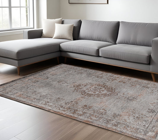 6' X 8' Gray and Beige Medallion Non Skid Area Rug-0