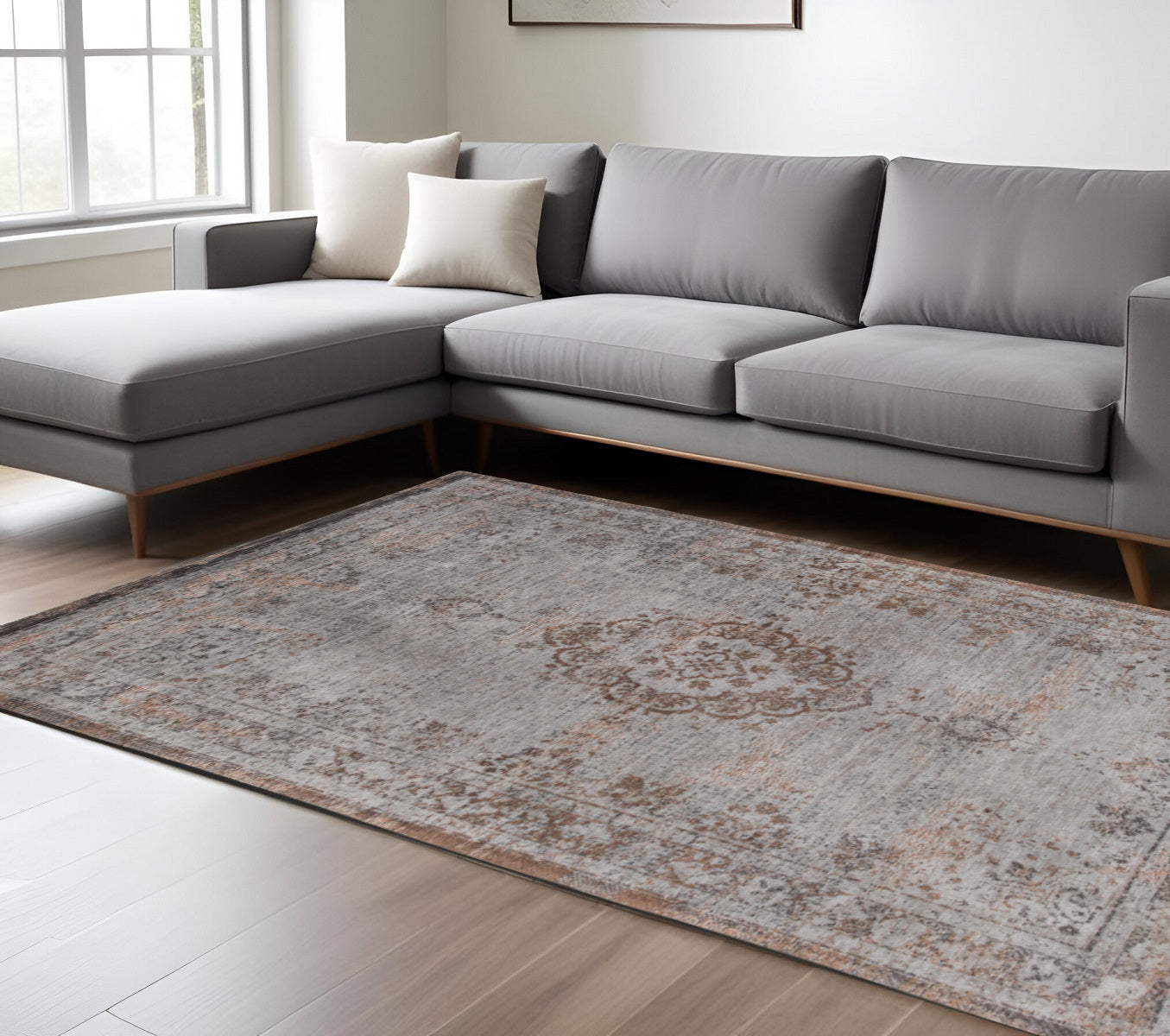 6' X 8' Gray and Beige Medallion Non Skid Area Rug-0