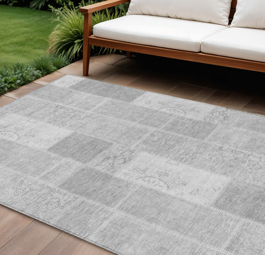 9' X 12' Silver Gray And Graphite Patchwork Washable Indoor Outdoor Area Rug-0